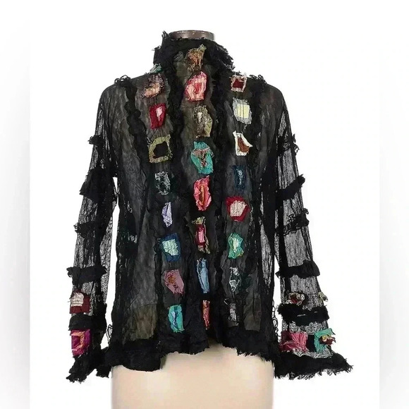 Lee Anderson Art To Wear Silk Cardigan Patchwork Embroidered Ruffled Jacket M - Picture 2 of 4